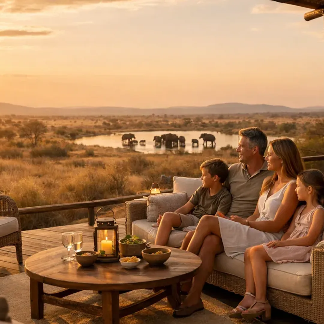 Luxury safari lodge deck overlooking the bush