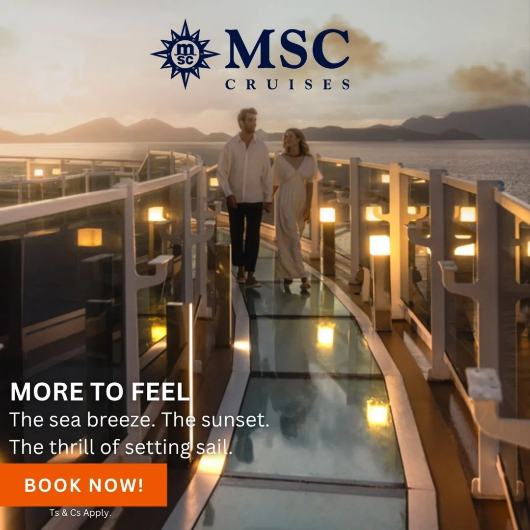 MSC Cruises flyer: couple on deck at sunset
