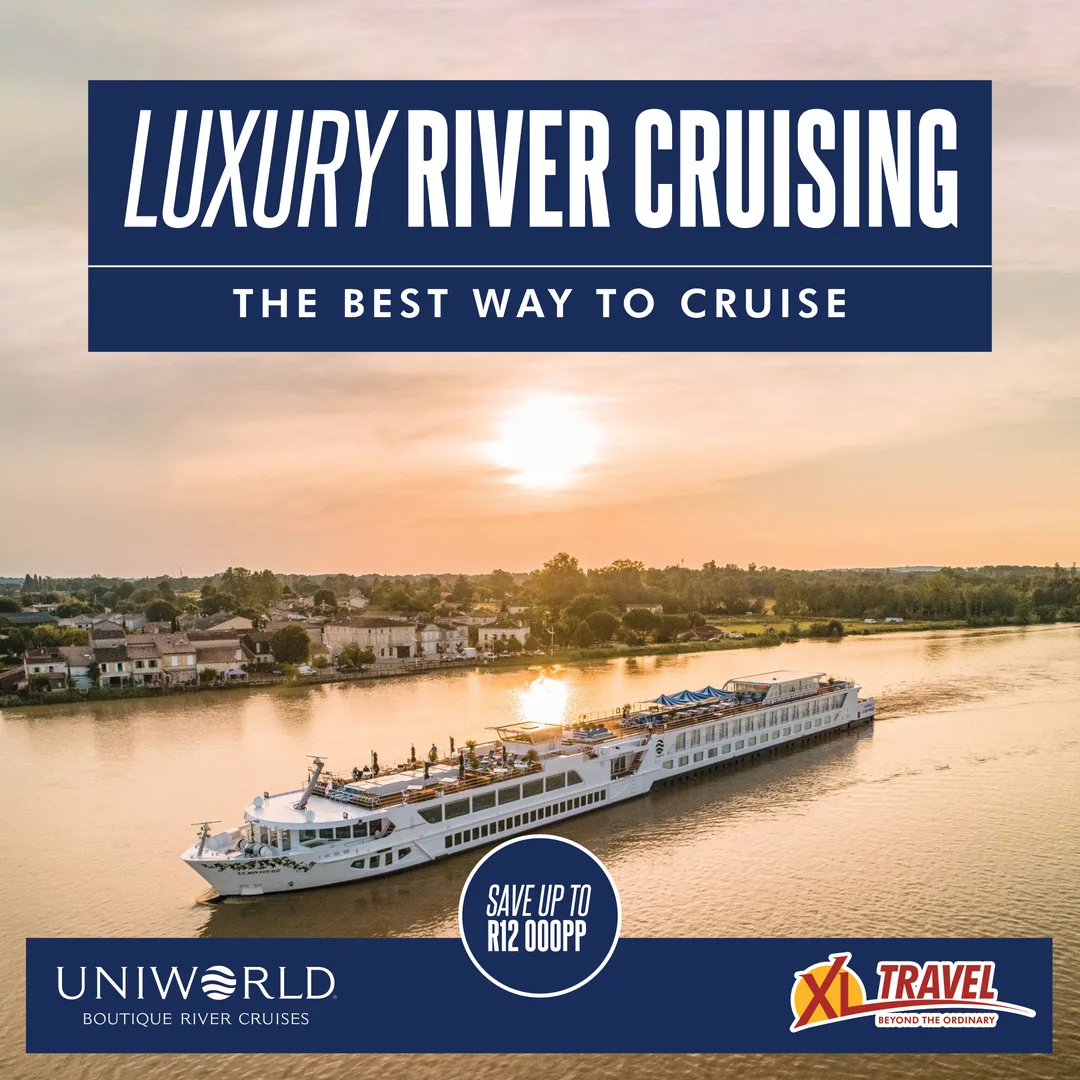 Uniworld ship at sunset, luxury river cruising, save up to R12 000